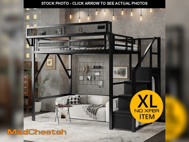Lot 74-13791043 - KEIKI Full Size Metal Loft Bed Frame with Convertible Staircase, Built-in Storage Shelves and Wardro...
