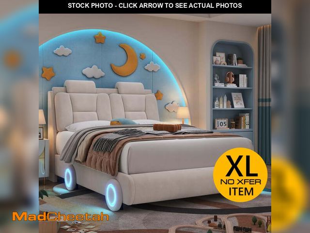 Lot 74-13780773 - (MISSING HARDWARE,ONE WHEEL) Homfa Full Size Car Bed Frame with LED Wheels, Velvet Upholstered Platf...