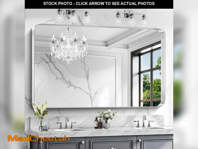 Lot 74-12153049 - CIRCUMI Silver Bathroom Mirror, 36"x60" Rectangular Mirror with Deep Metal Frame, Rounded Corner, Te...