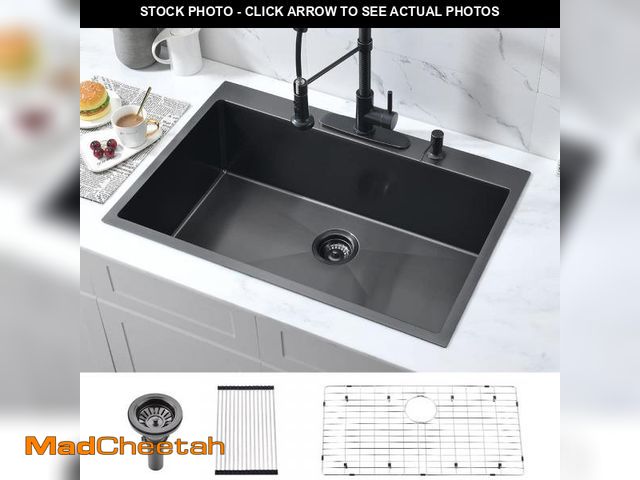Lot 74-12204552 - Bokaiya 33-Inch Black Stainless Steel Drop-In Kitchen Sink - 33x22 Topmount Single Bowl With Dish Gr...