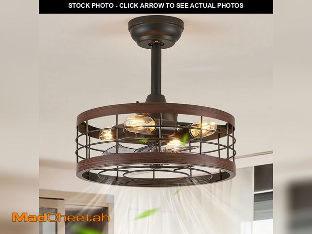 Lot 74-13696851 - LEDIARY 16.5in Caged Ceiling Fan with Light, Bladeless Industrial Ceiling Fan with Remote, Rustic Me...