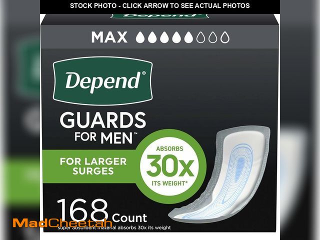 Lot 74-13926947 - Depend Guards Incontinence Pads for Men, Maximum Absorbency, 168 Count (2 Packs of 84), Packaging Ma...