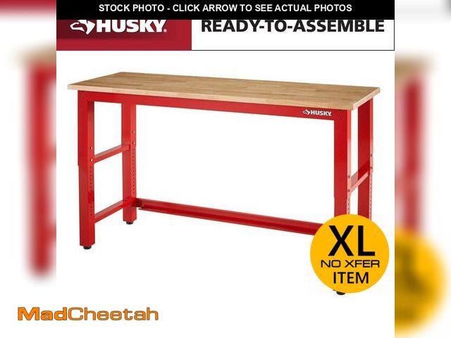 Lot 74-12899993 - Husky Ready to Assemble 72 in. W x 24 in. D Adjustable Height Red Workbench with Solid Wood Top - UN...