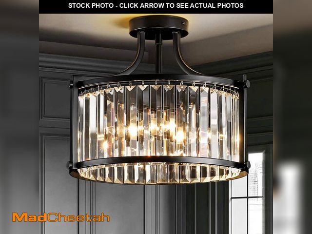 Lot 74-14280605 - Rennnsan Arvin 14.76 in. W 4-Light Drum Shape Crystal Semi-Flush Mount Light, Modern Black Finish fo...