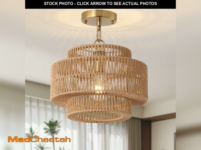 Lot 74-12500773 - Giutna 12.4" Large Boho Rattan Farmhouse Chandeliers for Dining Room, Rattan Hand-Woven Rustic Drum ...