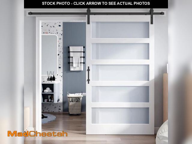 Lot 74-12278503 - ROYMELO 48x80 Inch Glass Sliding Barn Door Slab and 8ft Hardware Kit Included, 5 Frosted Glass, LVL ...