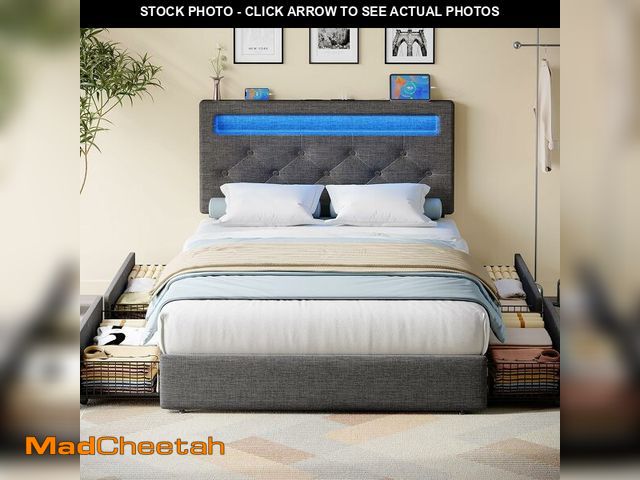 Lot 74-14613541 - Rolanstar Twin Bed Frame with 4 Storage Drawers and Charging Station,Twin Bed with Led Lights, 2 USB...