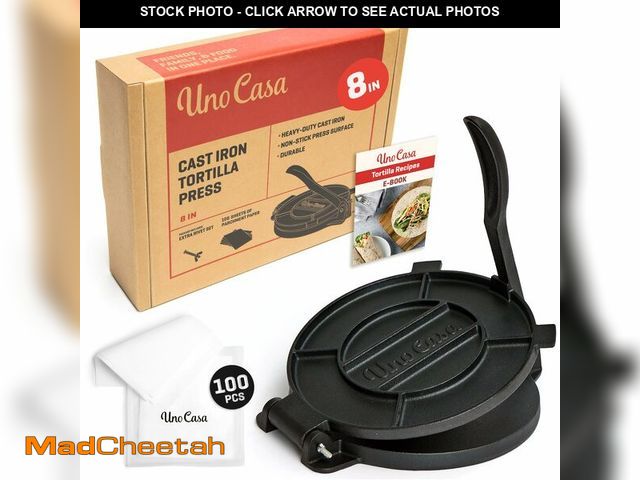 Lot 74-12706901 - Uno Casa Cast Iron Tortilla Press 8 Inch - Tortilla Maker Press, Pre-Seasoned Roti Maker with 100 Pc...