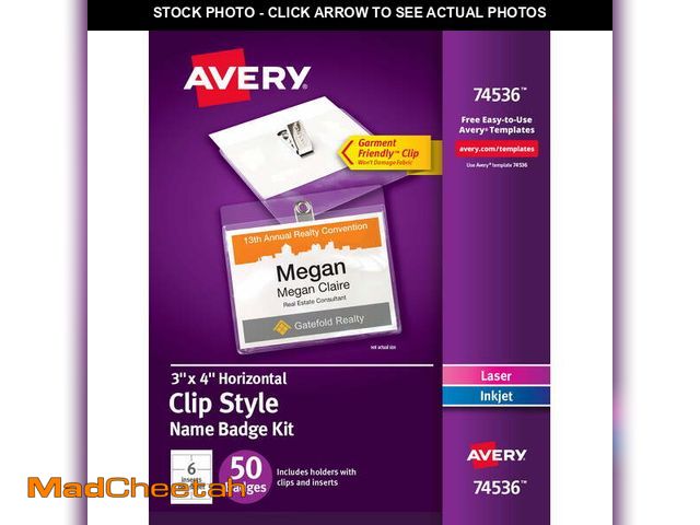 Lot 74-12860194 - Avery Name Badge Labels, 3" x 4", Paper, White, Clip Style, Holders, Laser/Inkjet, 50 Badges (74536)...