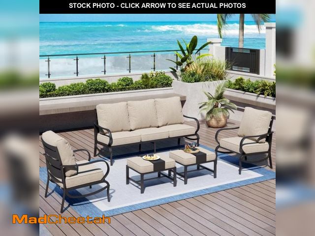 Lot 74-12276149 - PHI VILLA Black Slatted 7-Seat 5-Piece Metal Outdoor Patio Conversation Set with Beige Cushions and ...