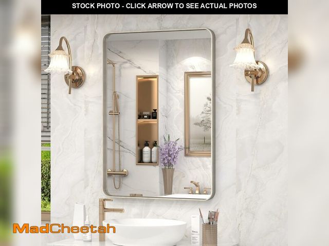 Lot 74-14347431 - 20x30 Inch Brushed Nickel Bathroom Mirror, Brushed Silver Metal Framed Wall Mirror, Rounded Corner R...