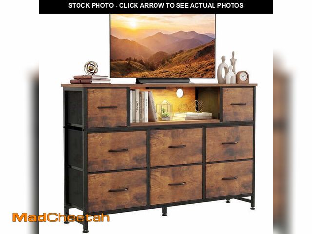 Lot 74-14260211 - JIOABL TV Stand with 8 Fabric Drawers &amp; Power Outlet, LED TV Console with USB &amp; Type-C, Stor...