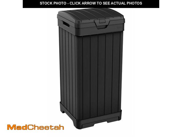 Lot 74-12861804 - Keter Baltimore 38 Gallon Resin Outdoor Kitchen Trash Can Duotech Garbage Can, Black Woodlook - UNUS...