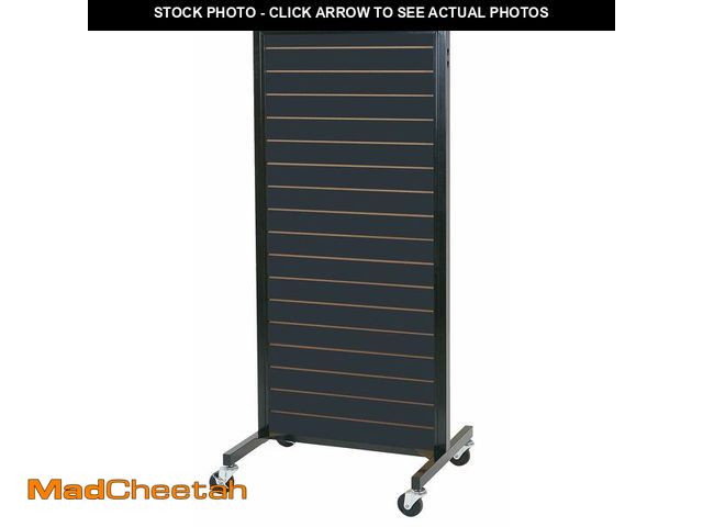 Lot 74-14614731 - (MISSING WHEELS) SSWBasics Black Metal Framed Rolling Slatwall Merchandiser - USED