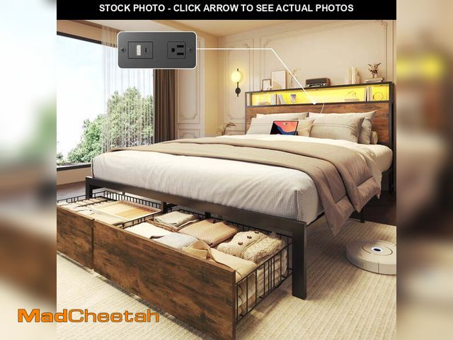 Lot 74-13103533 - Fluest Queen Bed Frame with 2-Tier Storage Headboard, Metal Bed Frame with Storage Drawers &amp; Bui...