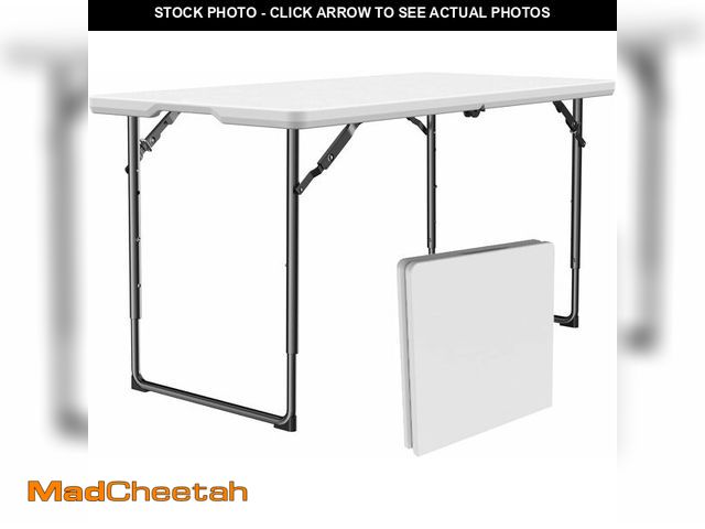 Lot 74-13844562 - FurniEdge 4ft Folding Table with Adjustable Height, Heavy Duty Fold-in-Half Plastic Table with Steel...