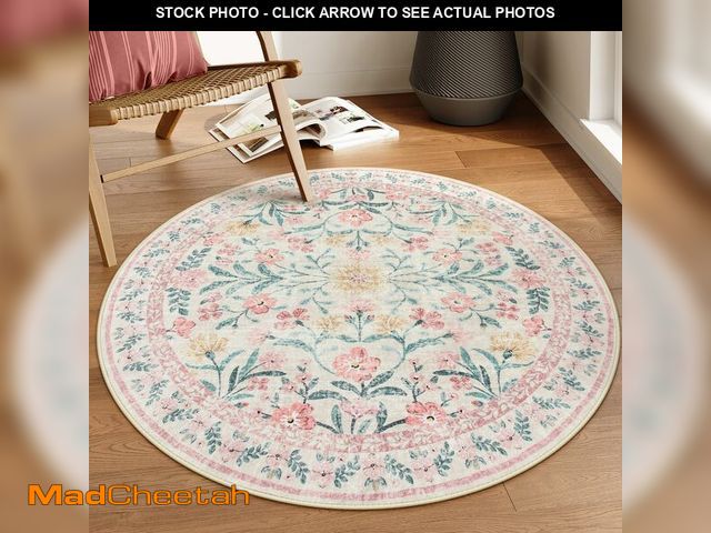 Lot 74-12713915 - Lahome Boho Light Pink Round Rug 4ft, Washable Small Circle Rugs for Bedroom, Pink and Green Nursery...