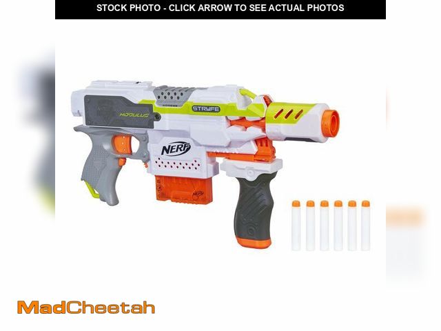 Lot 74-13963668 - Nerf Modulus Stryfe Motorized Blaster - Fires 6 Darts in a Row - Includes Drop Grip, Barrel Extensio...