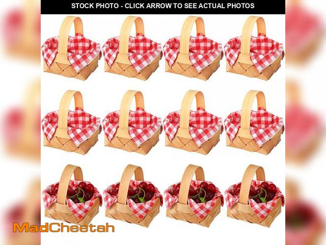 Lot 74-12436414 - Geelin 12 Pcs Mini Woven Baskets with Handles 20 Sheets Red and White Gingham Paper Napkins Wood Chi...