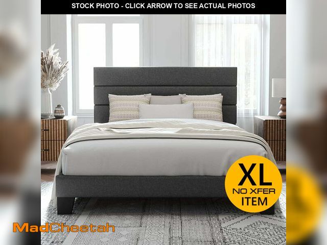 Lot 74-14608411 - Allewie King Size Platform Bed Frame with Fabric Upholstered Headboard, No Box Spring Needed, Dark G...