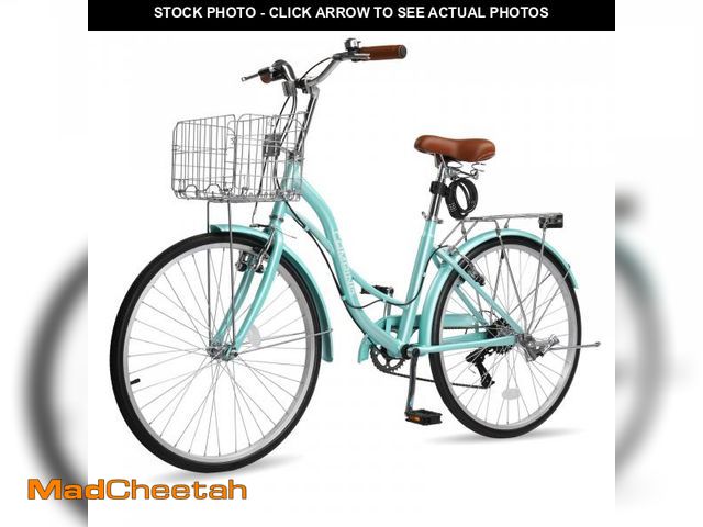 Lot 74-12402174 - Ktaxon 24" Womens Bike, 7 Speed Cruiser Bike for Adults Women with Basket &amp; Rack, Locks, Step Th...