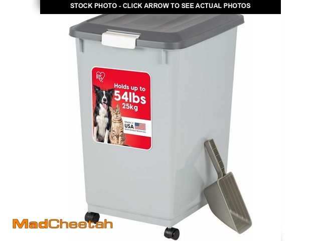 Lot 74-13331500 - IRIS USA Dog Food Storage Container with Wheels, Airtight Lid, 2-Cup Scoop, Up to 54 Pounds Pet Food...