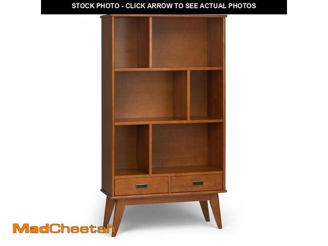 Lot 74-12290112 - SIMPLIHOME Draper Bookcase - 64 inch Tall Solid Hardwood Wide Storage Bookshelf in Teak Brown, Mid-C...