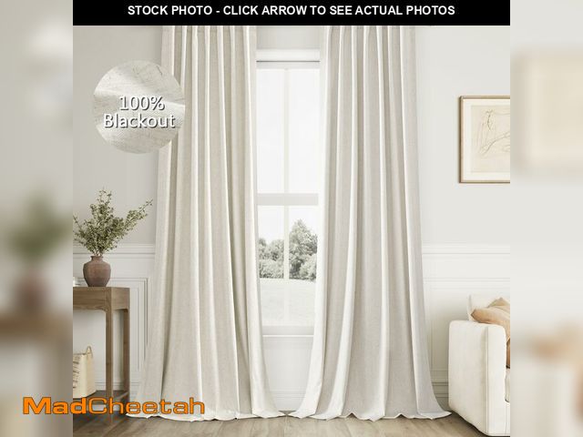 Lot 74-14146249 - Cream 100% Blackout Linen Curtains 96 Inch Length Ceiling to Floor 2 Panels 8 FT for Living Room Bed...
