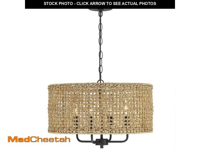Lot 74-12996933 - TRUE FINE Cape 20 in. 4-Light Bohemian Drum Chandelier with Straw Hand Woven Shade - UNUSED