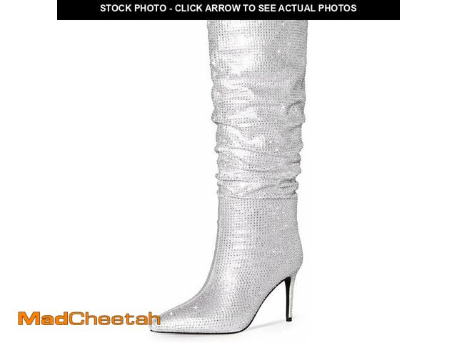Lot 74-13768453 - LexqLypcLu Stiletto High Heel Full Diamond Pleated Overlay Boots Pointed Toe Sexy Women-Silver Size ...