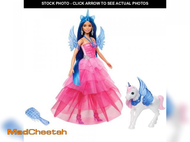 Lot 74-12303776 - Barbie Unicorn Toy, 65th Anniversary Commemorative Doll with Blue Hair, Pink Gown and Accessories Li...