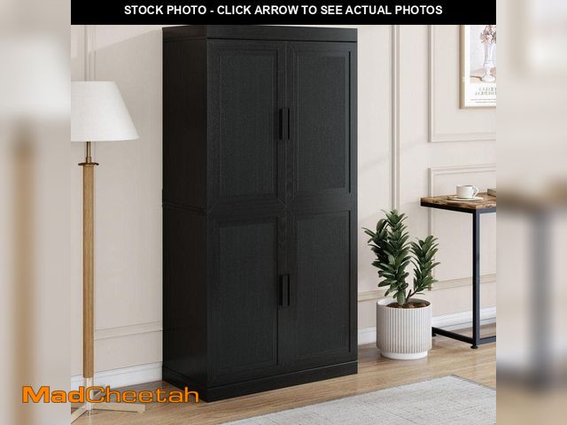 Lot 74-14173614 - Lirago Solid Wood Black 62 in. H Storage Cabinet with Adjustable Shelves and Rattan Doors - UNUSED