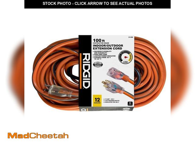 Lot 74-14315764 - RIDGID 100 ft. 12/3 Heavy Duty Indoor/Outdoor Extension Cord with Lighted End, Orange/Grey - UNUSED