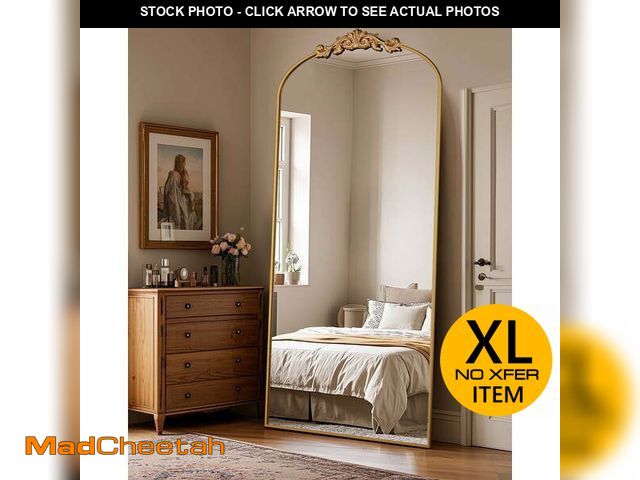 Lot 74-13774234 - 76"x34" Vintage Arched Full-Length Mirror with Carved Metal Frame, Baroque-Style Floor Mirror for Li...