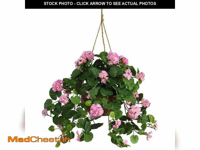 Lot 74-13770914 - Nearly Natural 24 in. Artificial Geranium Floral Arrangement in Hanging Basket - UNUSED