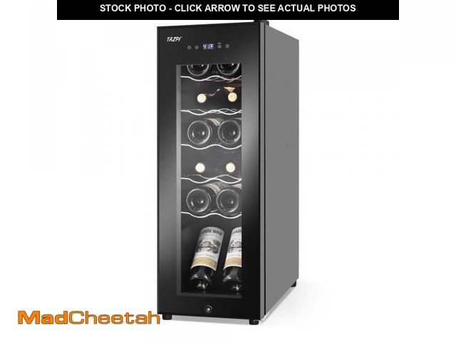 Lot 74-11826784 - TAZPI 10.7 in. Wine Cooler 12 Bottle Freestanding Wine Refrigerator with Door Lock, Black - UNUSED