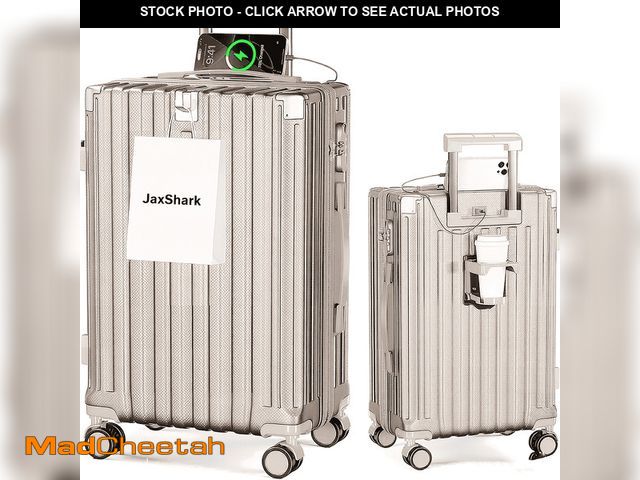 Lot 74-14586662 - JaxShark 24?Inch Hardside Checked Luggage with USB Charging Port &amp; Cup Holder, Champagne - USED