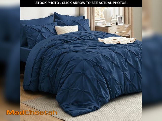 Lot 74-13709237 - Bedsure King Size Comforter Set - Bedding Sets King 7 Pieces, Pintuck Bed in a Bag Navy Blue Bed Set...