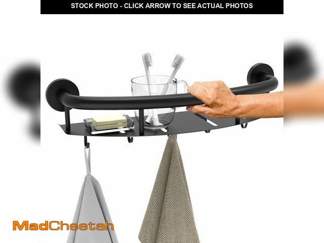 Lot 74-14062579 - Munzong 18 Inch Shower Grab Bar w/Storage Shelf, Black Stainless Steel 2 in 1 Bathroom Balance Bar, ...