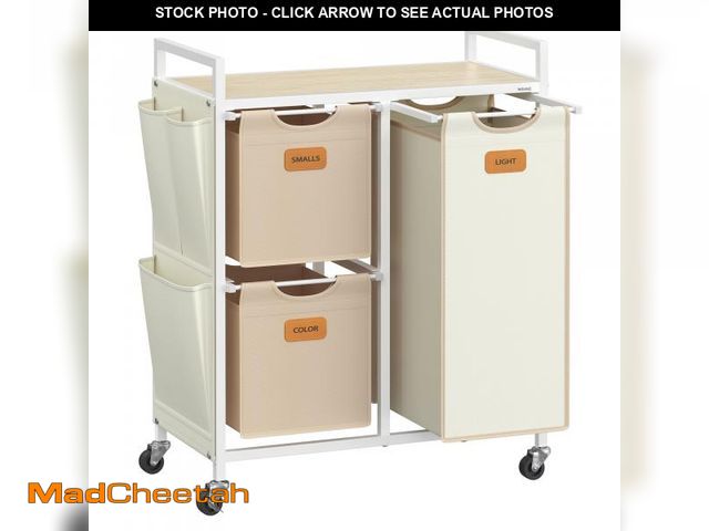 Lot 74-12415183 - VASAGLE Laundry Hamper with 3 Compartments, 26.4 Gal. (100 L) Laundry Sorter, Rolling Laundry Cart w...
