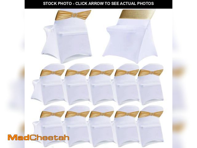 Lot 74-11553229 - MAGTOWNE 10 Pack White Folding Chair Covers with 10 Pack Gold Chair Sashes, Chair Covers for Folding...