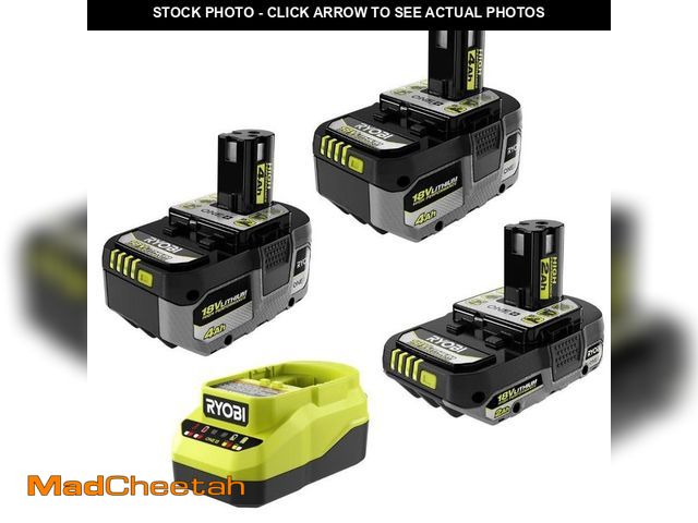 Lot 74-14607123 - RYOBI ONE+ 18V Lithium-Ion HIGH PERFORMANCE Starter Kit with 2.0 Ah Battery, (2) 4.0 Ah Batteries, a...