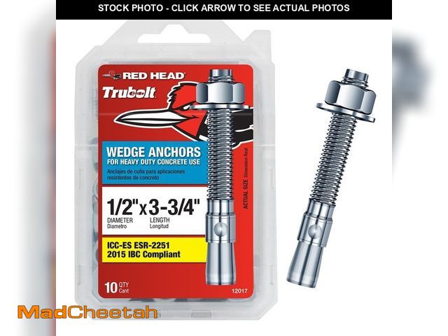 Lot 74-13765029 - 1/2 in. x 3-3/4 in. Zinc-Plated Steel Hex Nut-Head Concrete Wedge Anchors - UNUSED