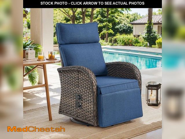Lot 74-14254636 - Rotavia Reclining 1-Piece Wicker Outdoor 360ÃâÃÂ° Swivel Recliner with Blue Cushions, Adjustable...