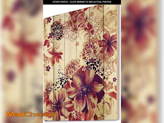 Lot 74-12508327 - DesignQ Pink and Yellow Flowers Retro - Traditional Print on Natural Pine Wood, 25x35 - UNUSED