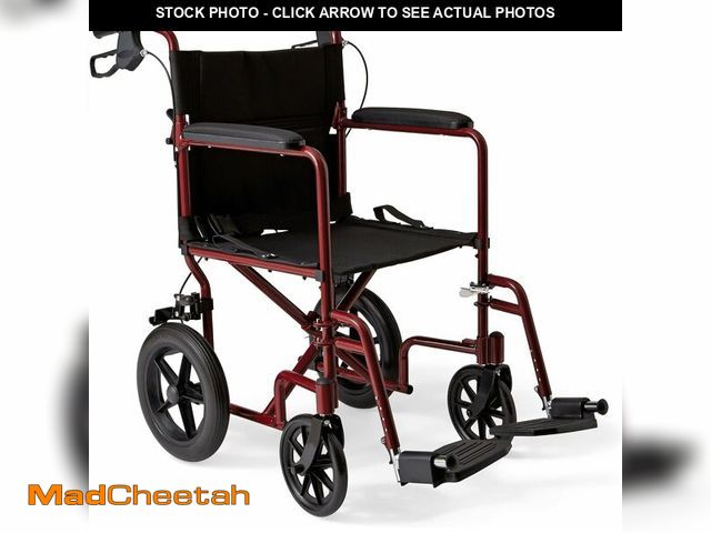 Lot 74-13087113 - Medline Lightweight Foldable Transport Wheelchair with Handbrakes and 12-Inch Wheels, Red Frame, Bla...