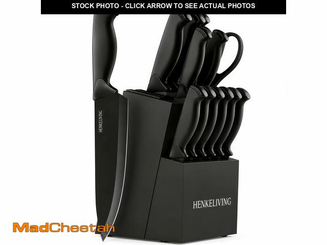 Lot 74-14427080 - HENKELIVING 14-Piece Black Kitchen Knife Block Set with Built-In Sharpener - UNUSED