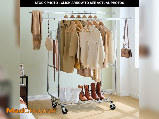 Lot 74-12562151 - FUCIHOMA Double Clothing Garment Rack with Shelves Capacity 800lbs Clothing Racks on Wheels Rolling ...