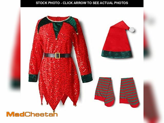 Lot 74-9538660 - A ANLEOLIFE Christmas Elf Costume for Kids with Sequins Tinkle Bells Belt(2021 Updated Vers.) - UNUS...
