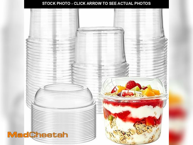 Lot 74-14144386 - Alaeseje 50 Pack 16 oz Disposable Clear Plastic Cups,PET Dessert Cup with Lids,Disposable Snack Bowl...
